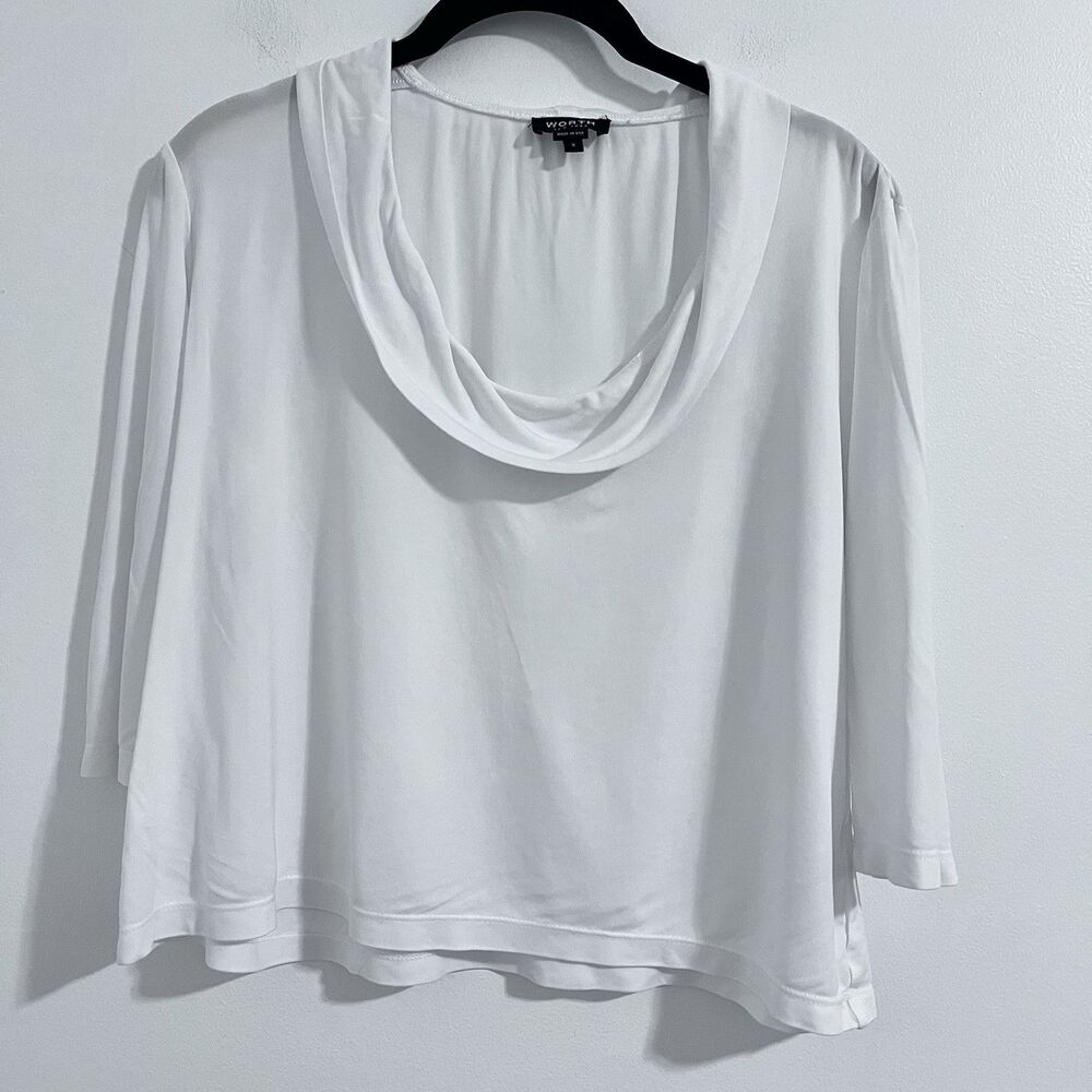 Worth New York Blouse Size S White‎ Cowl Neck Cropped 3/4 Sleeve Minimalist Top
